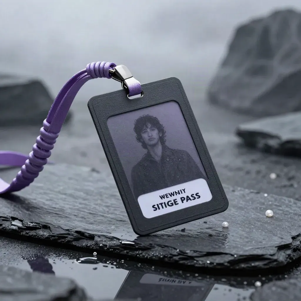 Macro of a pass card, lanyard coil, and pin backing hovering over wet slate with mist.