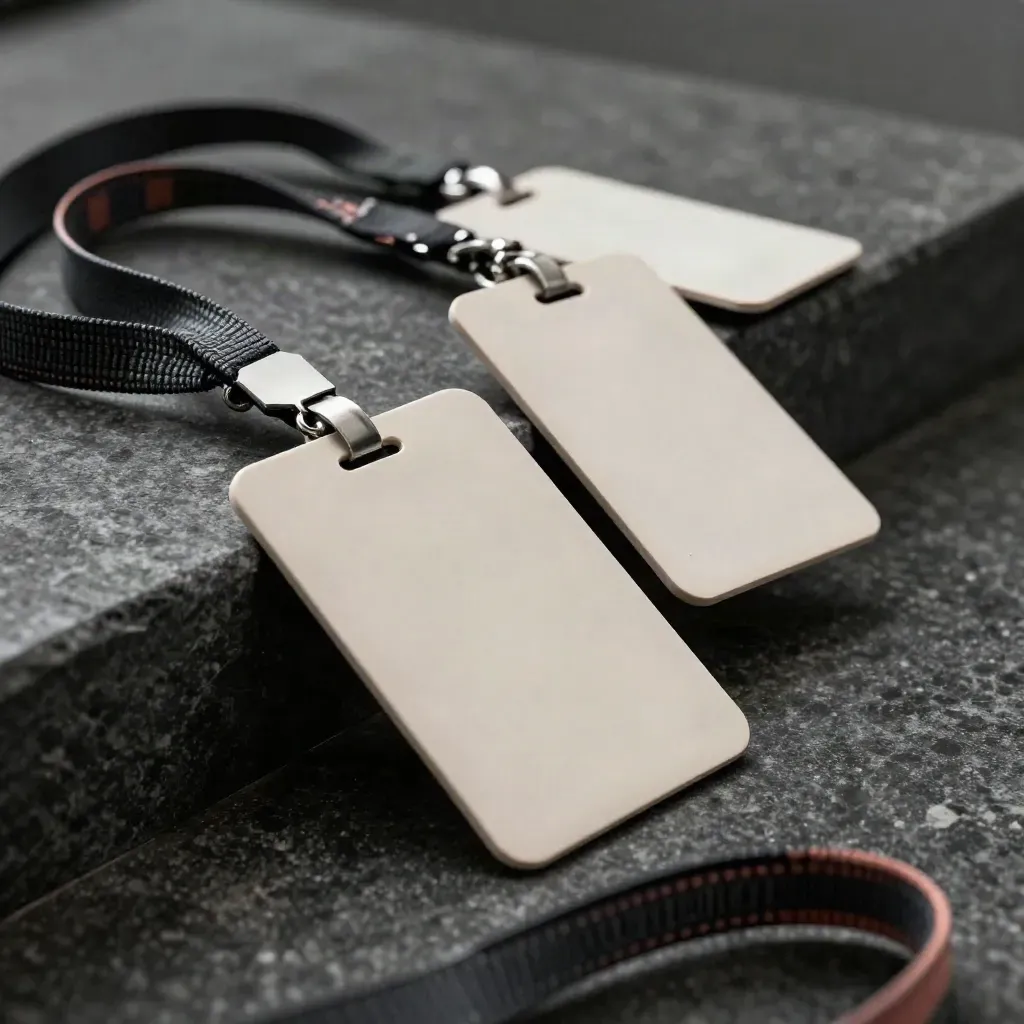 Coral-accent pass badges and lanyard spilling across dark stone.