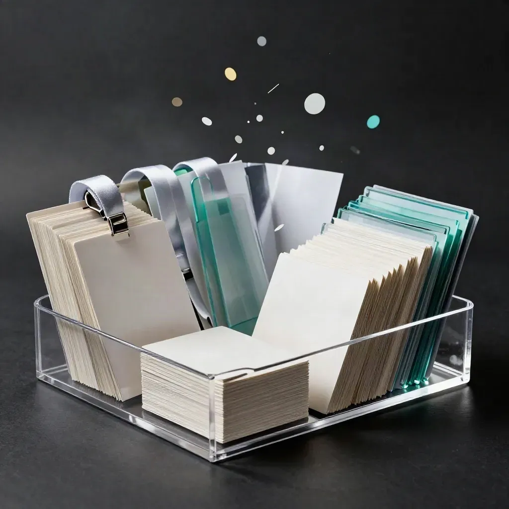 Curved acrylic tray with layered event passes, lanyards and confetti on a dark studio surface.