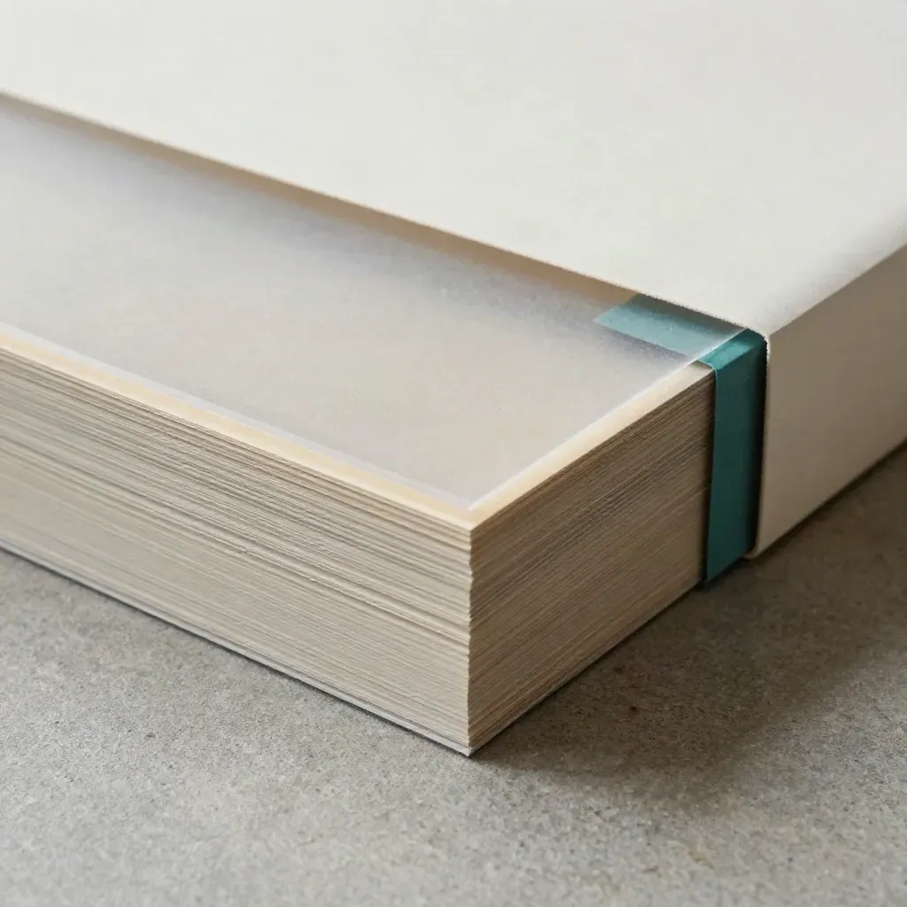 Vellum-wrapped design system template set half-extracted on brushed stone with a teal edge.