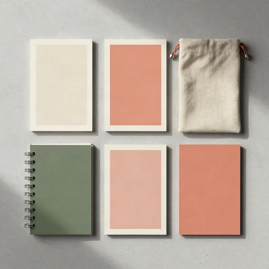 Overhead flatlay of workshop swatches, pouch, card deck and coral card on concrete.