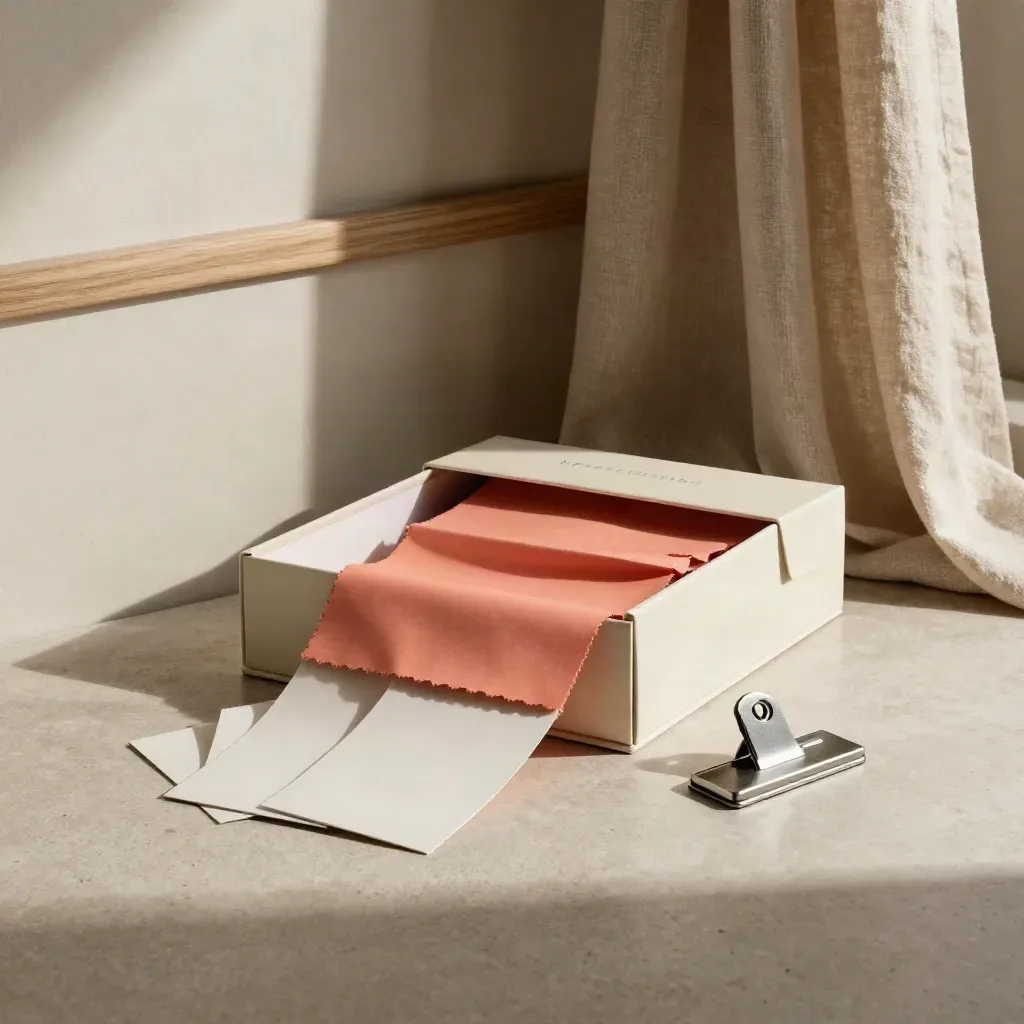 Booth package box with fabric swatch, blank passes and metal clip beside a conference display corner