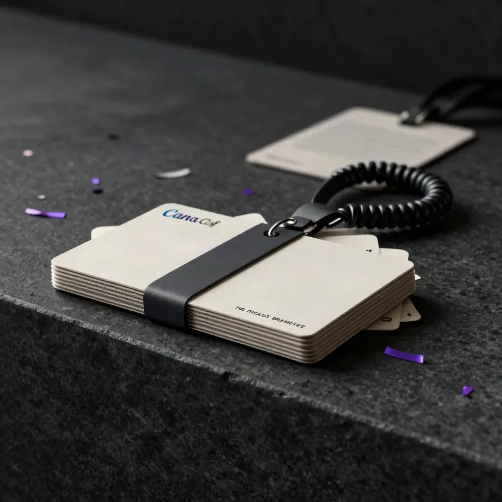 Blank ticket bundle cards with matte band, lanyard coil, and purple confetti on dark stone ledge.