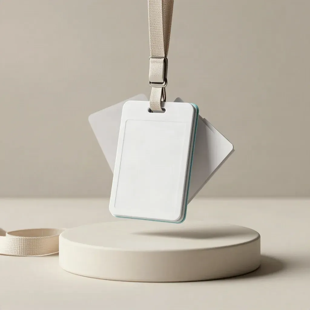 Three stacked blank event badges with a linen lanyard on an ivory pedestal.