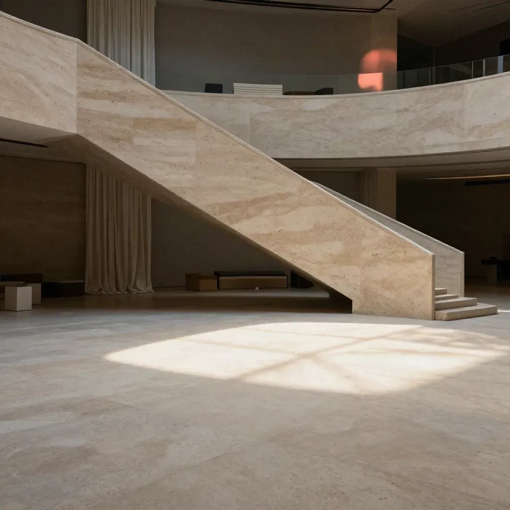 Sunlit travertine atrium with stair rail, linen curtain, and open copy space.
