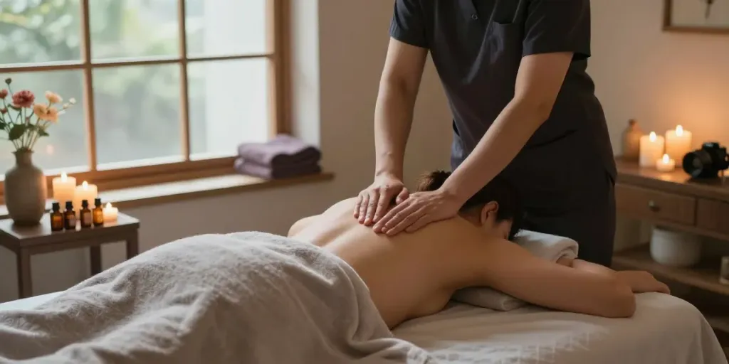 Client receiving a 용인출장마사지 in a serene spa room with calming atmosphere.